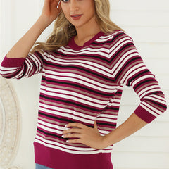 Striped Crew Neck Sweater Casual Loose Knit Sweater