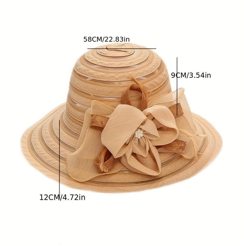 Striped Sun Hat Flower Decor Organza Church Derby Hats