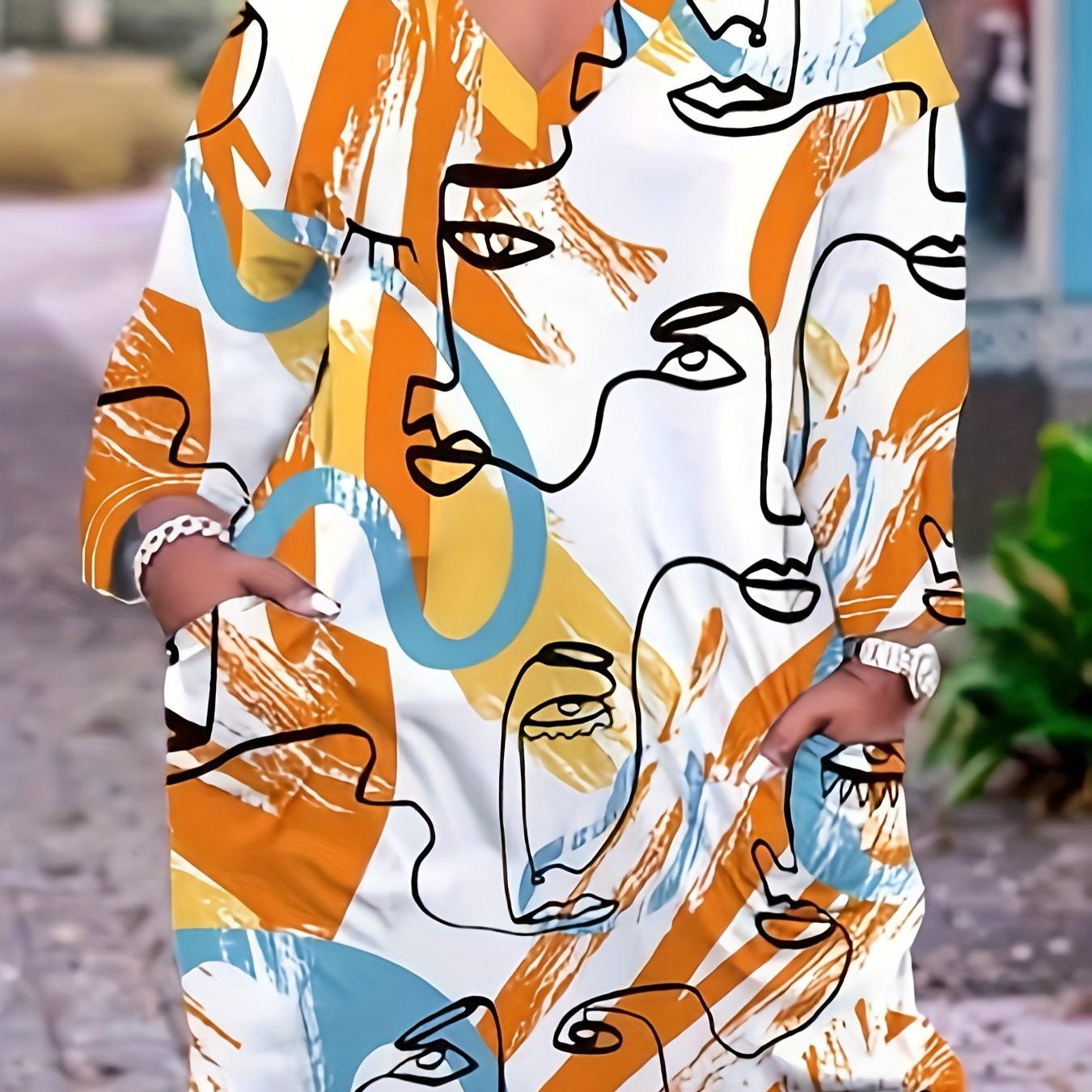 Graffiti Print Long Sleeve V Neck Tee Dress
