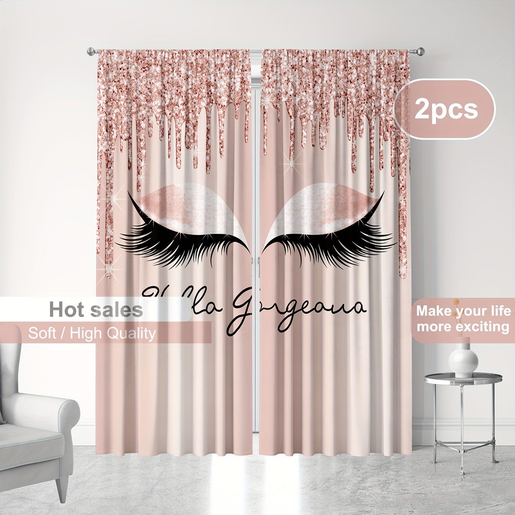 Large Eyelash Printed Curtain Rod Pocket Curtains - 2pc Home Decor