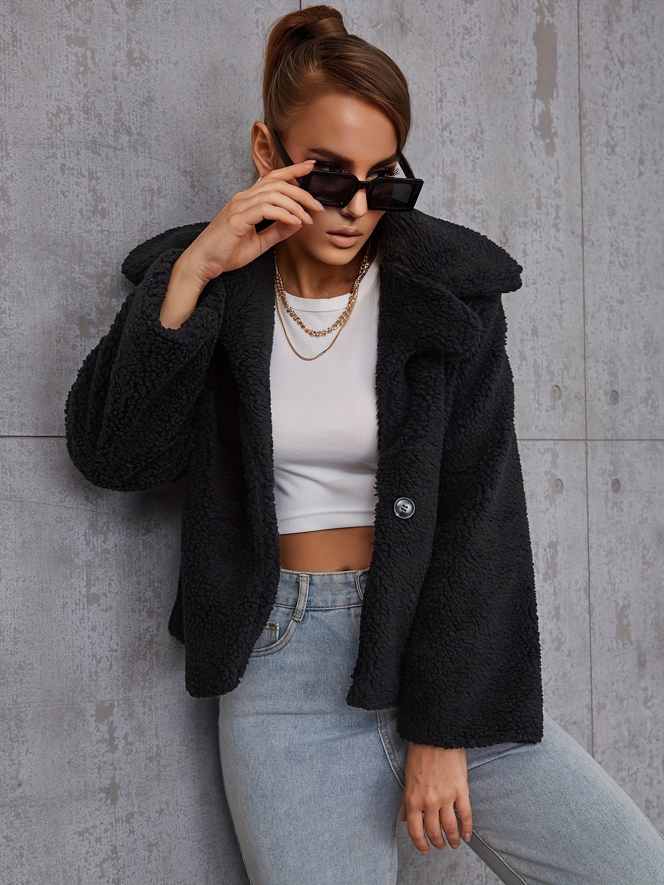 Plush Button Front Jacket Casual Loose Outwear