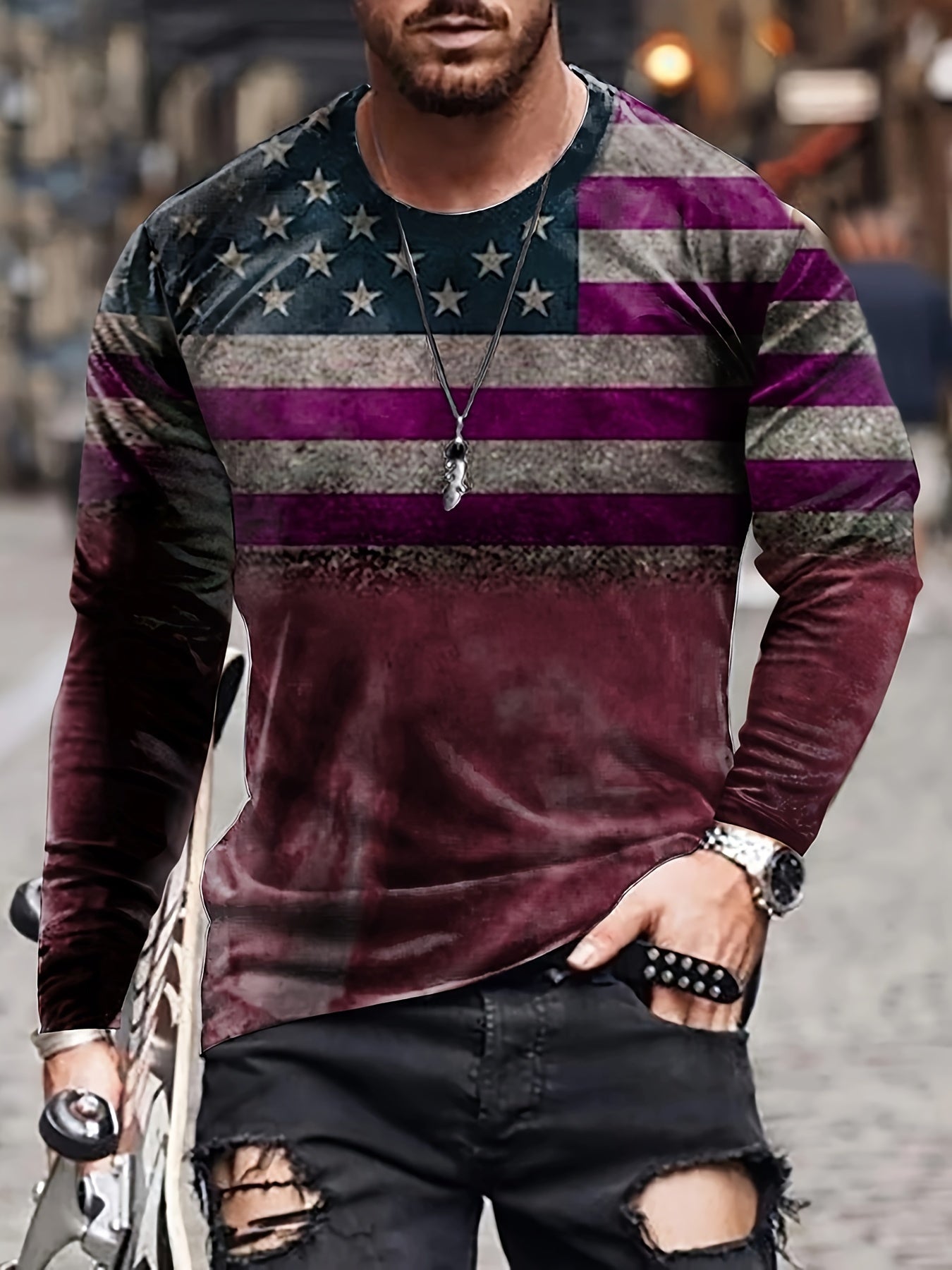 Men's 3D American Flag Long Sleeve T-shirt