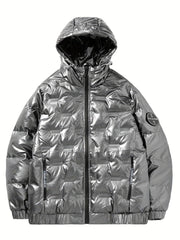 Men's Lightweight Hooded PU Puffer Jacket for Winter