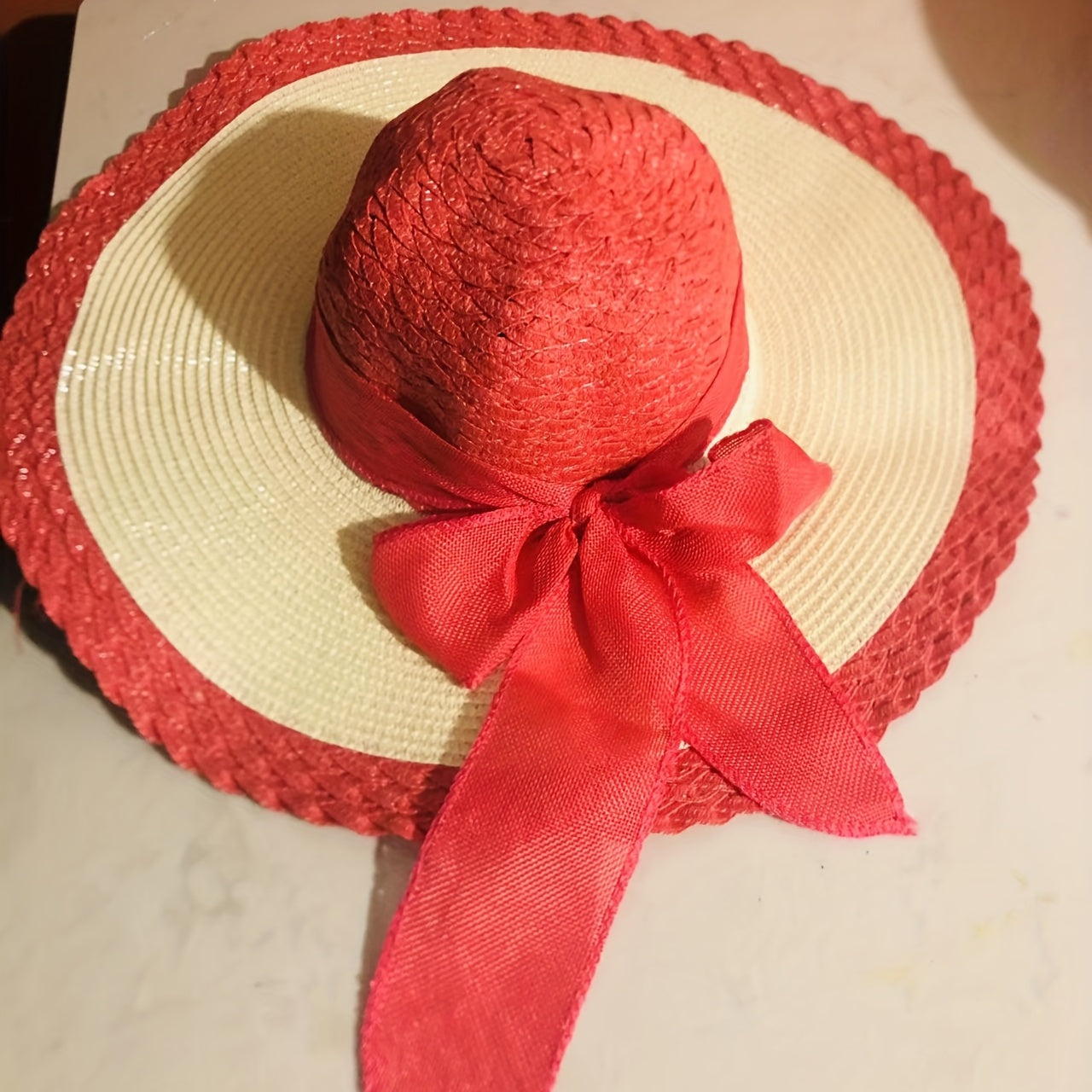 Bowknot Block Sun Hat Crochet Wide Brim Drawstring Straw Hat