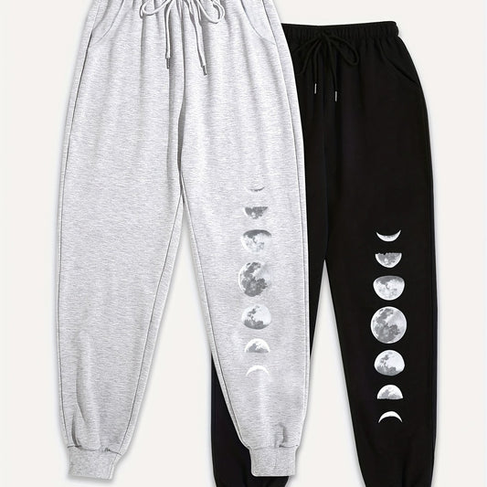 Moon Print Plus Size Joggers Set - Elastic Drawstring Fitness Pants