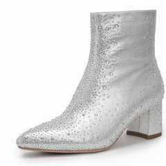 Women's Rhinestone Short Boots Point Toe Chunky Heel Dress Boots