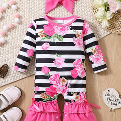 Baby Girls Striped Floral Jumpsuit Set with Flared Pants and Hair Accessories