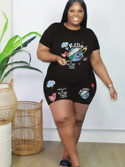Women's Plus Letter & Graphic Print V Neck Top & Shorts Outfits 2 Piece Set