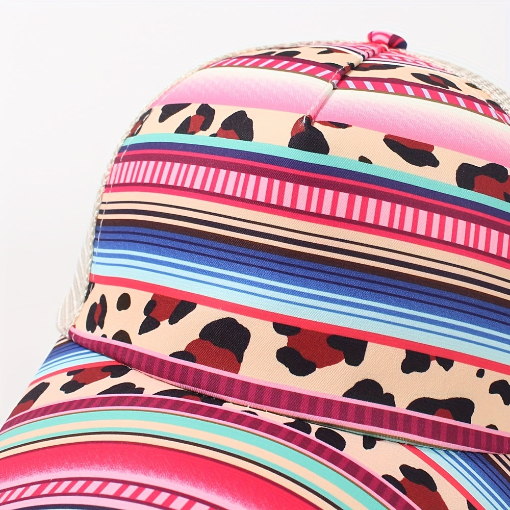 Boho Print Ponytail Trucker Hat Mesh Pink Baseball Cap