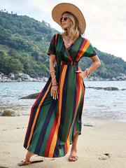Striped Boho Surplice Neck Dress High Waist Short Sleeve