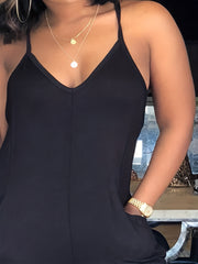 V Neck Basic Jumpsuit with Pockets