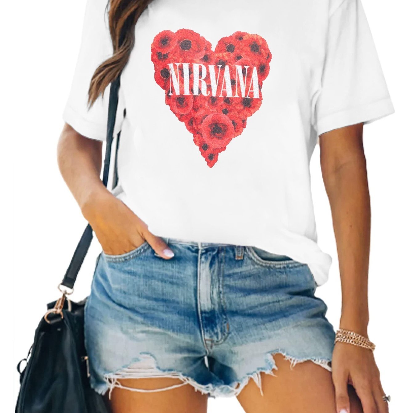 Heart Rose Letter Nirvana Print T-shirt Crew Neck Short Sleeve Casual Top