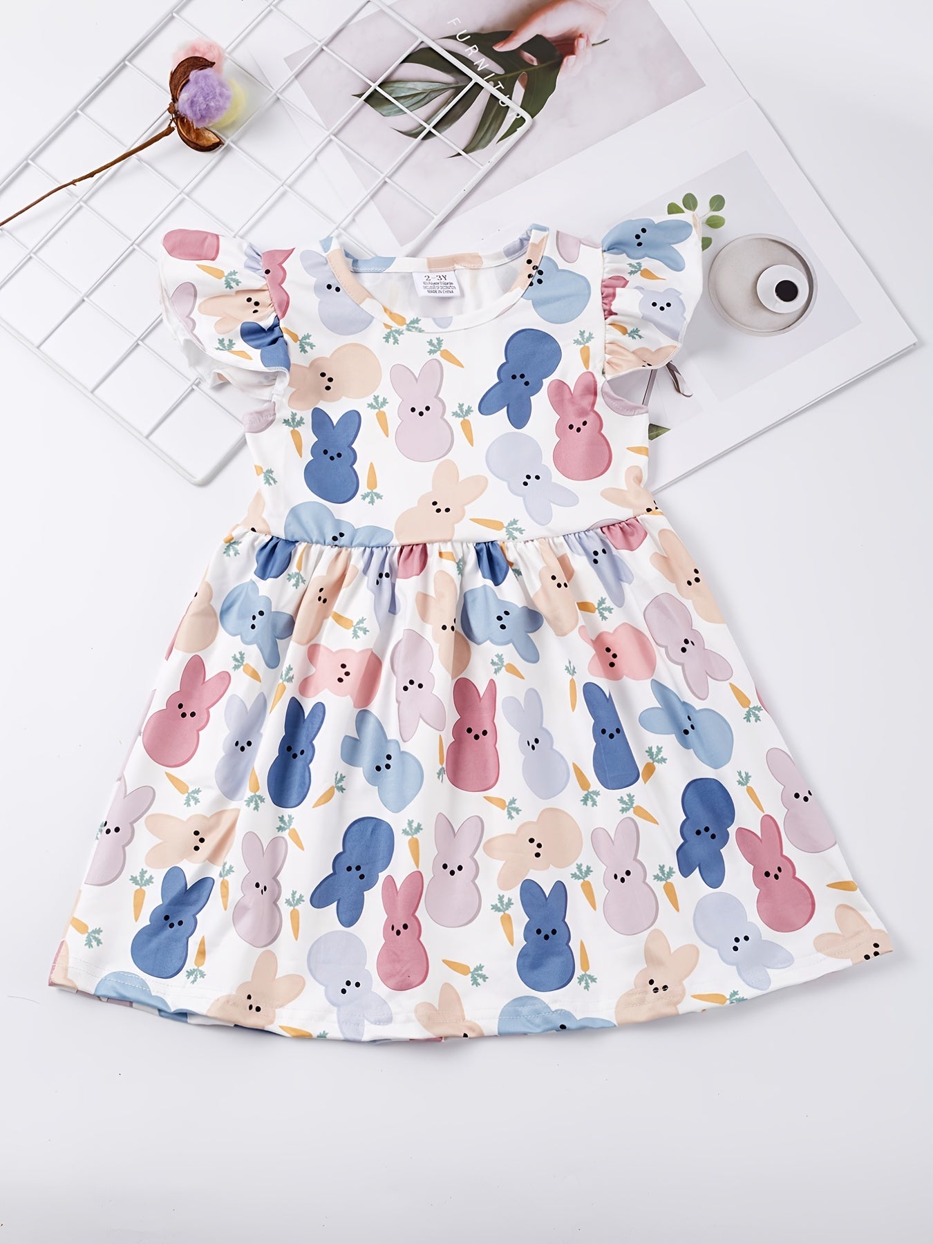 Girls Ruffled Sleeves Crew Neck Easter Bunny Graphic Princess Dress