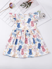 Girls Ruffled Sleeves Crew Neck Easter Bunny Graphic Princess Dress