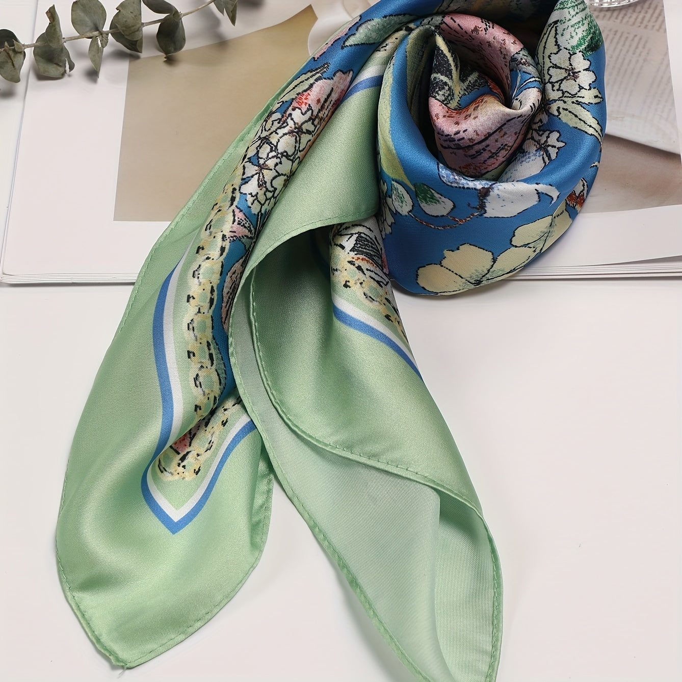 Flower Print Bandana & Green Satin Square Scarf Head Wraps for Women