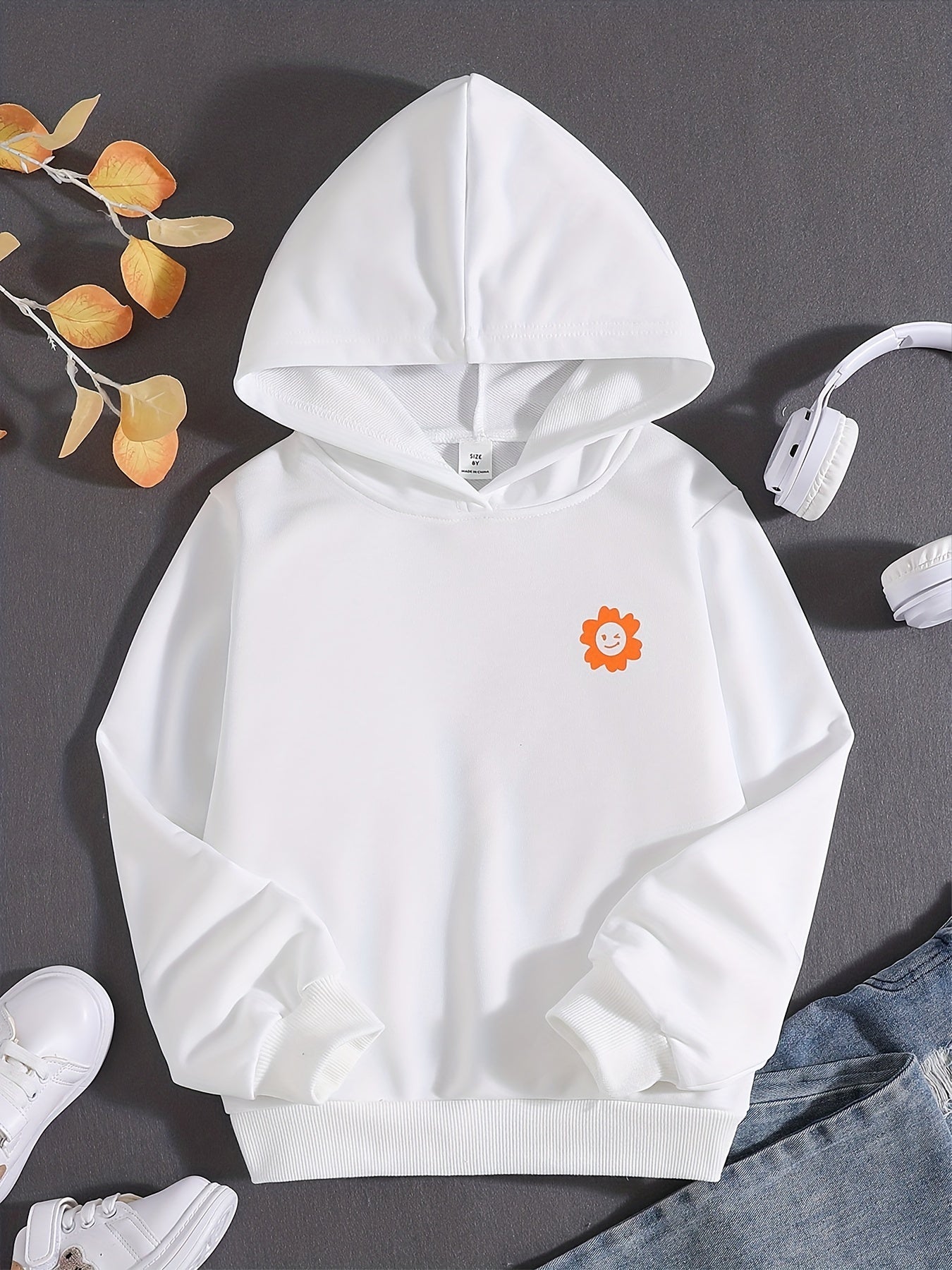 Girls Smile & Flower Graphic Hooded Sweatshirt Long Sleeve Hoodies Pullover Tops