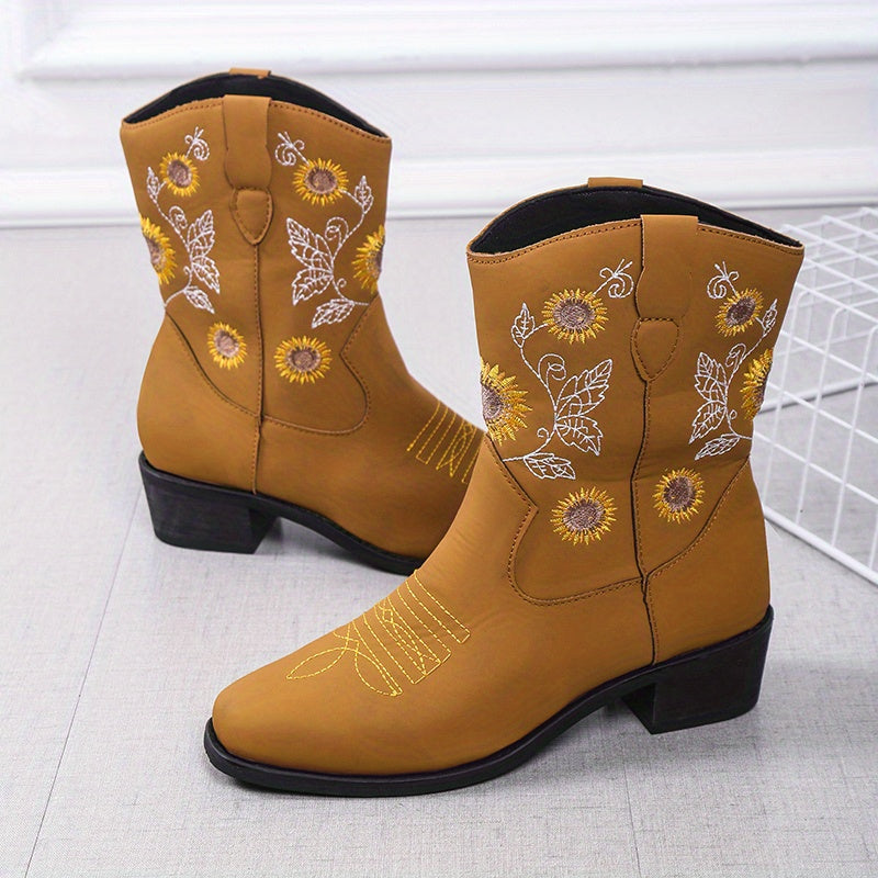 Women's Floral Embroidered Block Heel Western Boots