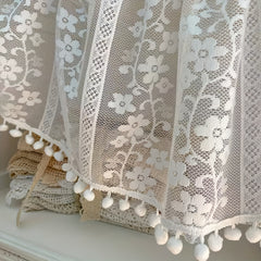 Short Sheer Floral Curtain with Pom Poms - Home Decor