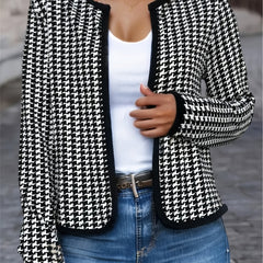 Plaid Print Crew Neck Long Sleeve Crop Jacket