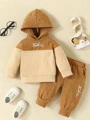 2pcs Infant Block Hoodie Letter Print Sweatshirt & Pant Set