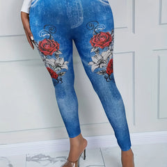 Floral & Denim Print Skinny Leggings Long Length Casual Pants Women's Clothing