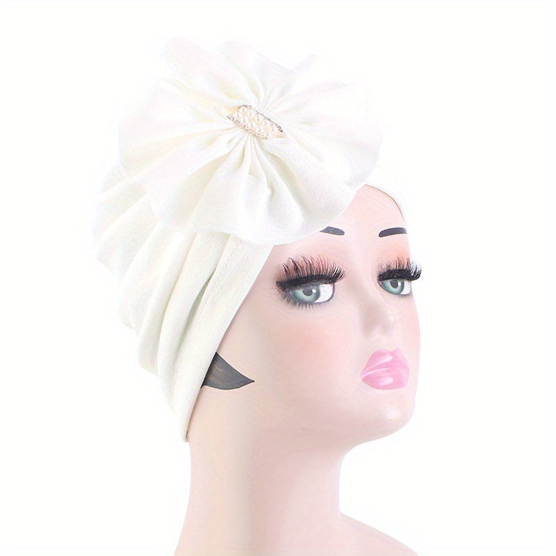 Rhinestone Bow Decor Turban Cap Solid Pleated Hijab Head Wrap