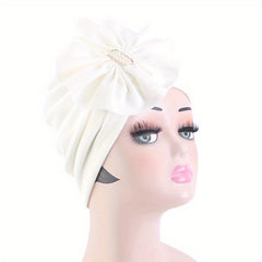 Rhinestone Bow Decor Turban Cap Solid Pleated Hijab Head Wrap
