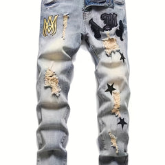 Embroidery Star Pattern Letter Print Slim Fit Ripped Jeans Men's