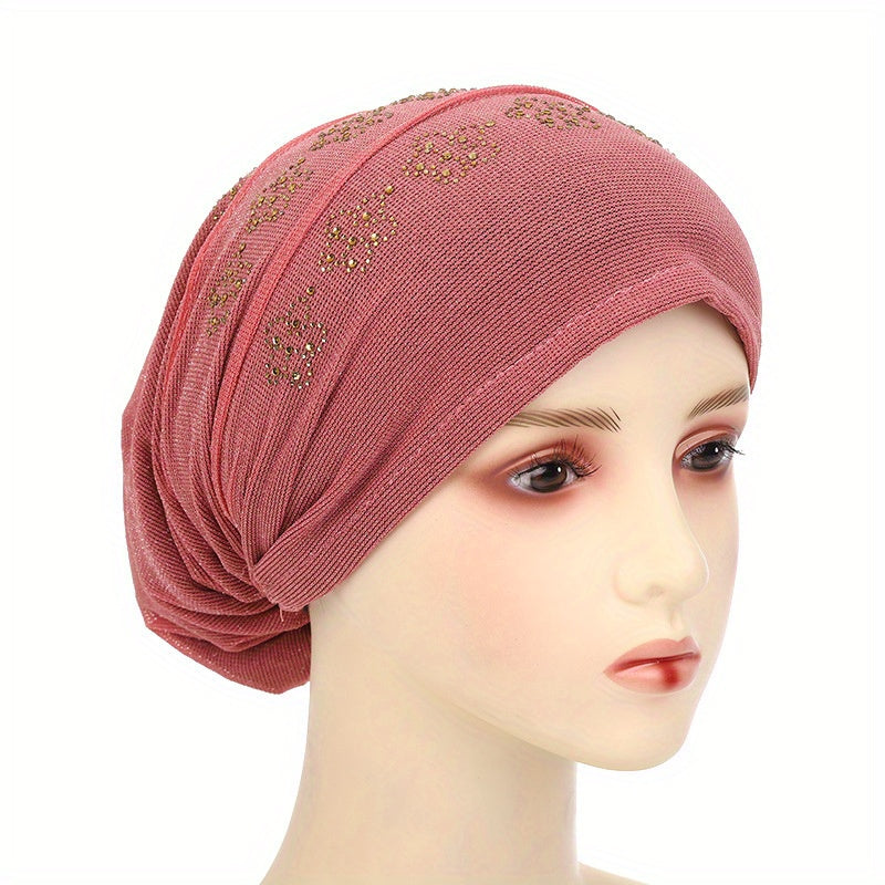 Rhinestone Flower Decor Beanie Turban Cap Slouchy Head Wrap
