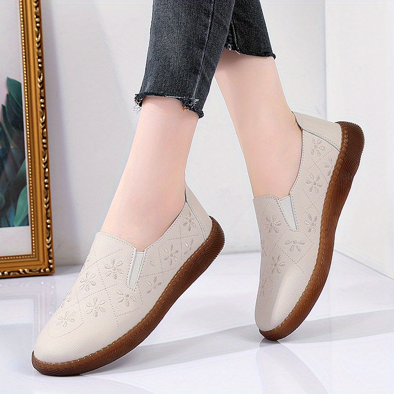 Floral Embroidered Loafers Lightweight Faux Leather Flats Slip On Shoes
