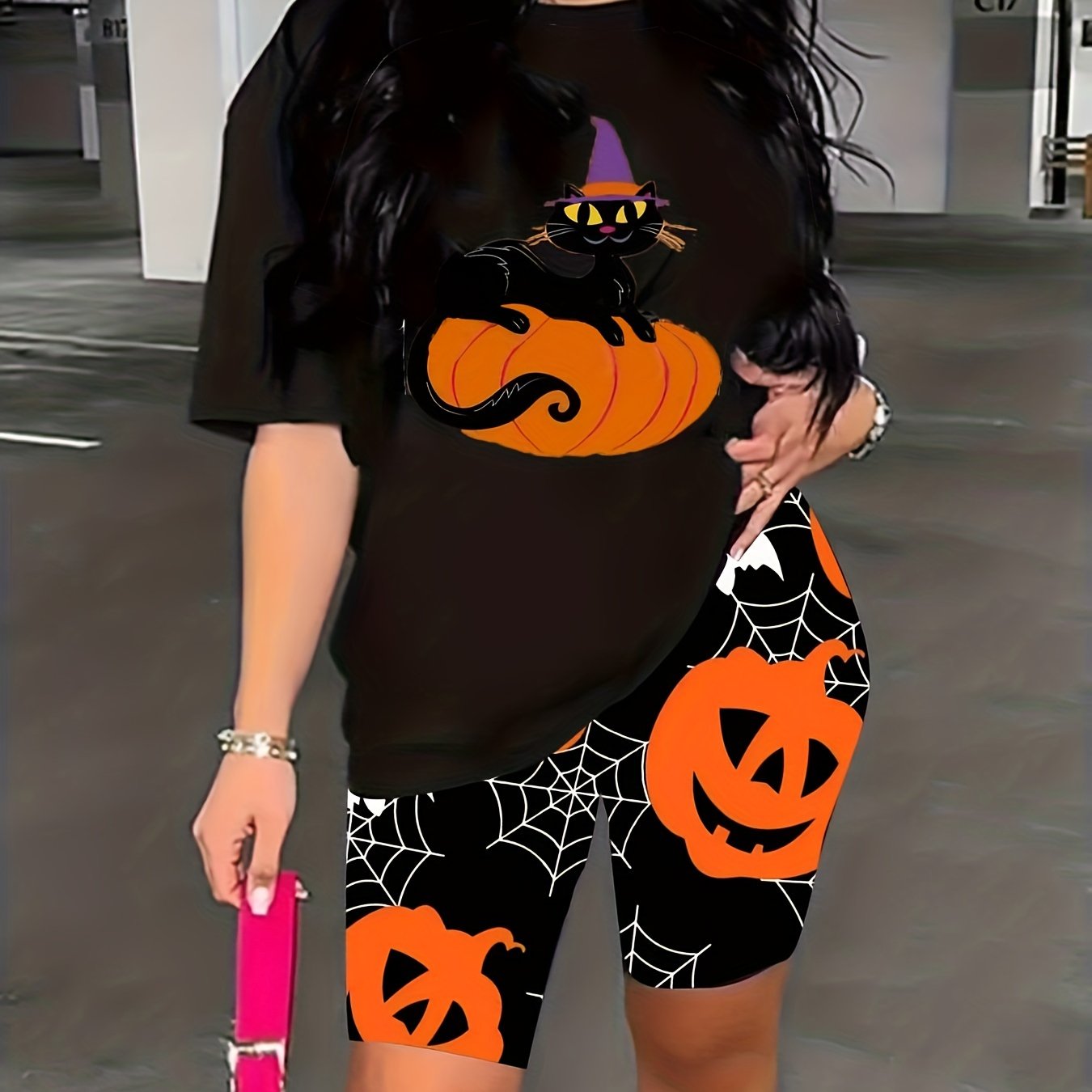 Halloween Cat & Pumpkin Print Tee & Shorts Set