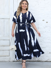 Plus Size Brush Print Short Sleeve V Neck Maxi Dress With Belt