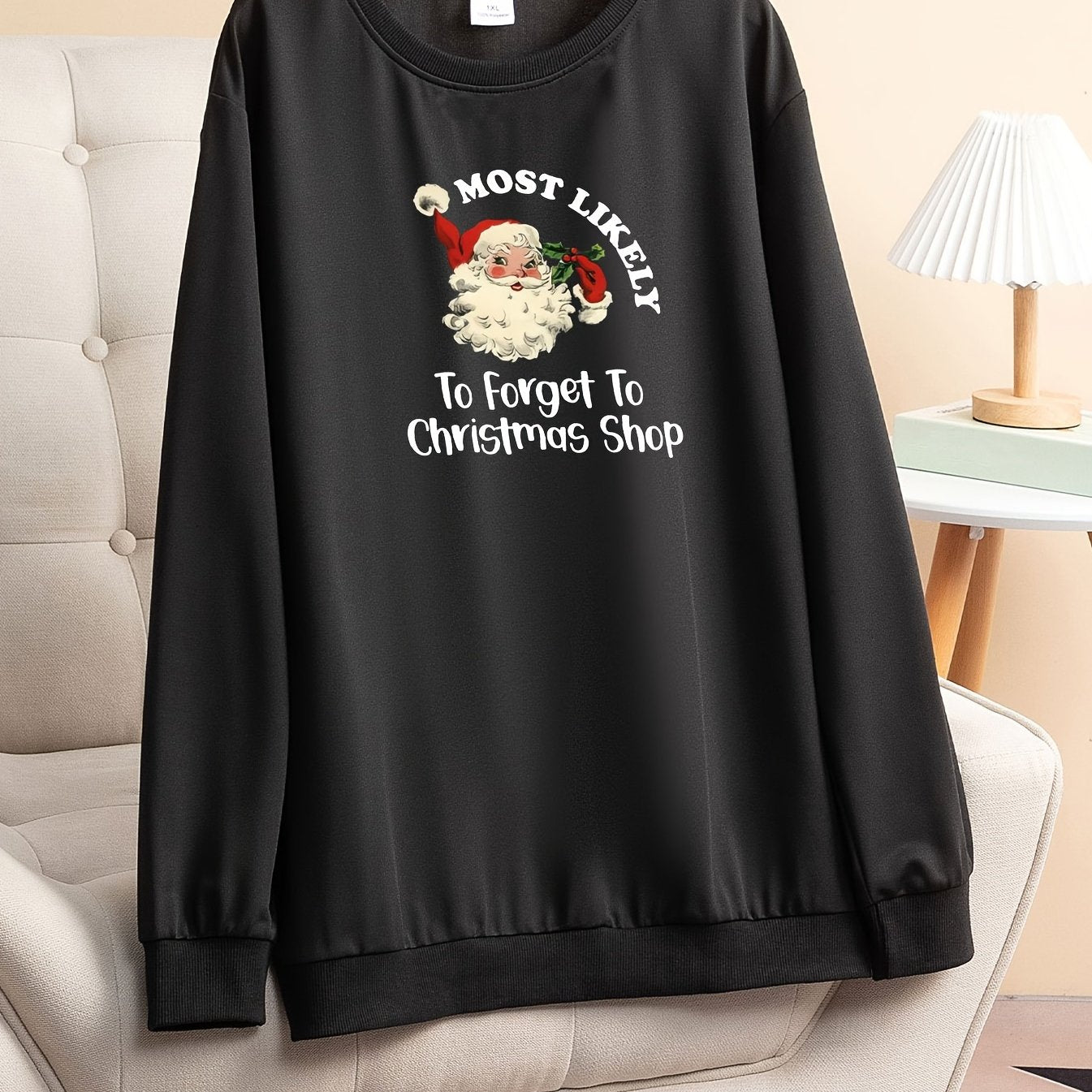 Plus Size Christmas Lounge Top Women's Santa Print Round Neck Sleepwear Tee