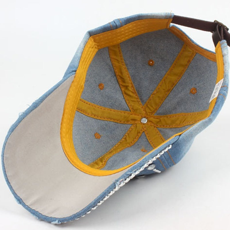 Rhinestone Decor Ripped Baseball Cap Distressed Sun Hat