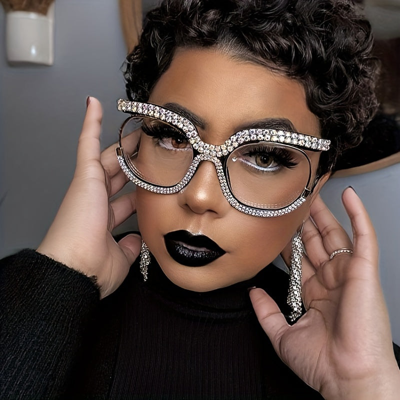 Clear Lens Rhinestone Decor Glasses Anti Light Photo Booth Props