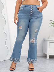 Washed Ripped Fringe Trim Jeans