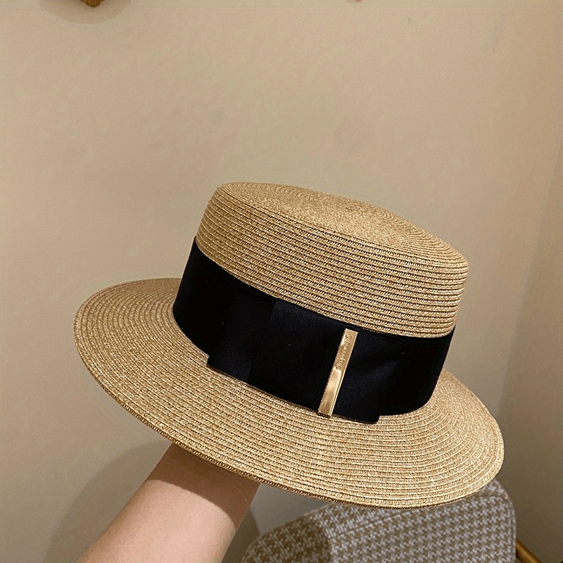 British Style Straw Sun Hat Flat Brim Jazz Fedora Cap Ribbon Bowknot Decor
