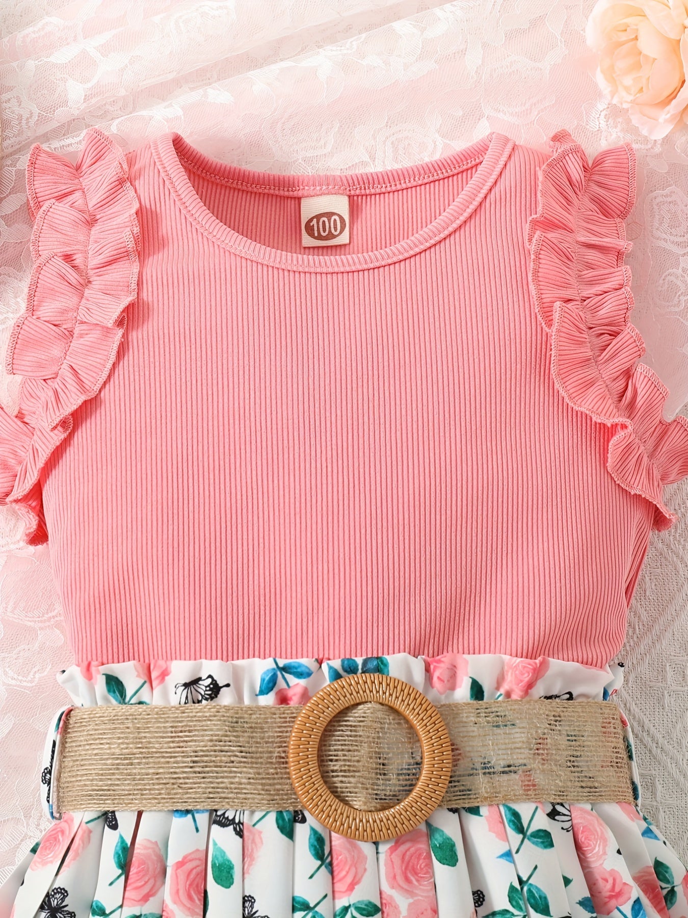 Girls Ribbed Lace Cuffs Top & Boho Flowers Pleated Skirt Set