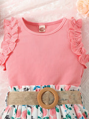 Girls Ribbed Lace Cuffs Top & Boho Flowers Pleated Skirt Set