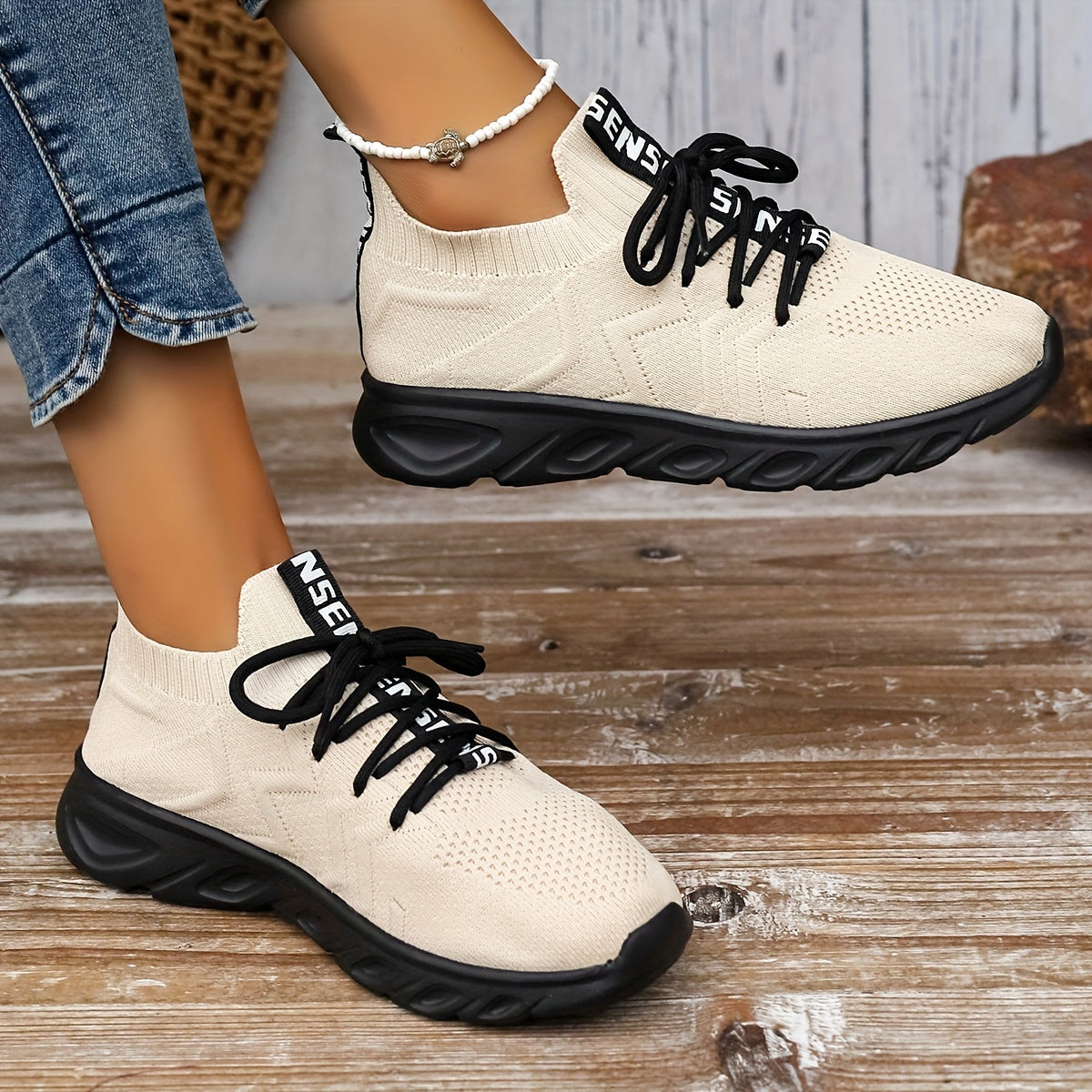 Wave Line Pattern Knit Athletic Running Shoes Mesh Lace up Sneakers