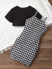 Girls Cropped T-shirt & Houndstooth Dress Set for Summer Party