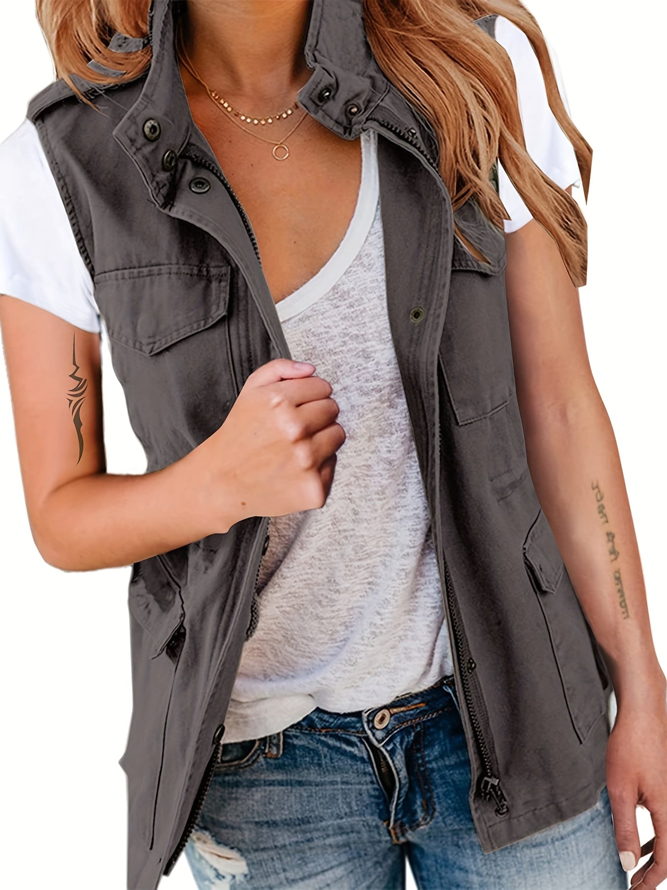 Sleeveless Zip-Up Jacket with Pockets Women's Outerwear