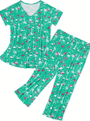 Star Print Pajama Set Short Sleeve Crew Neck Top & Pants Women's Sleepwear