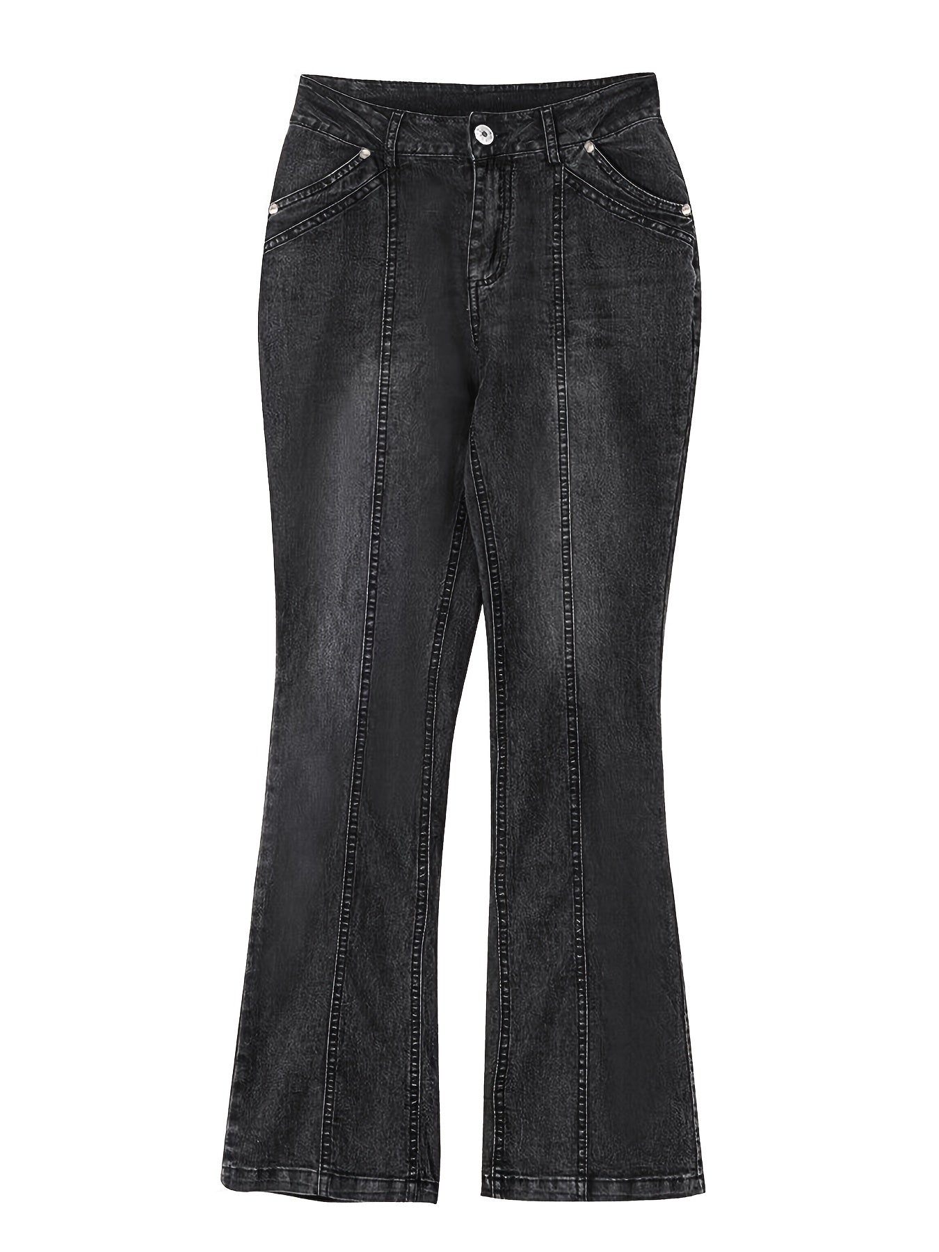 Mid Rise Flare Jeans Slash Pockets Bell Bottom Wide Leg Slim Fit Denim Pants