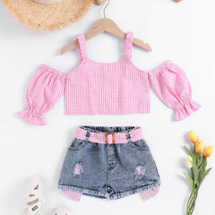 Girls Cold Shoulder Plaid Crop Top & Denim Shorts Set Summer Clothes