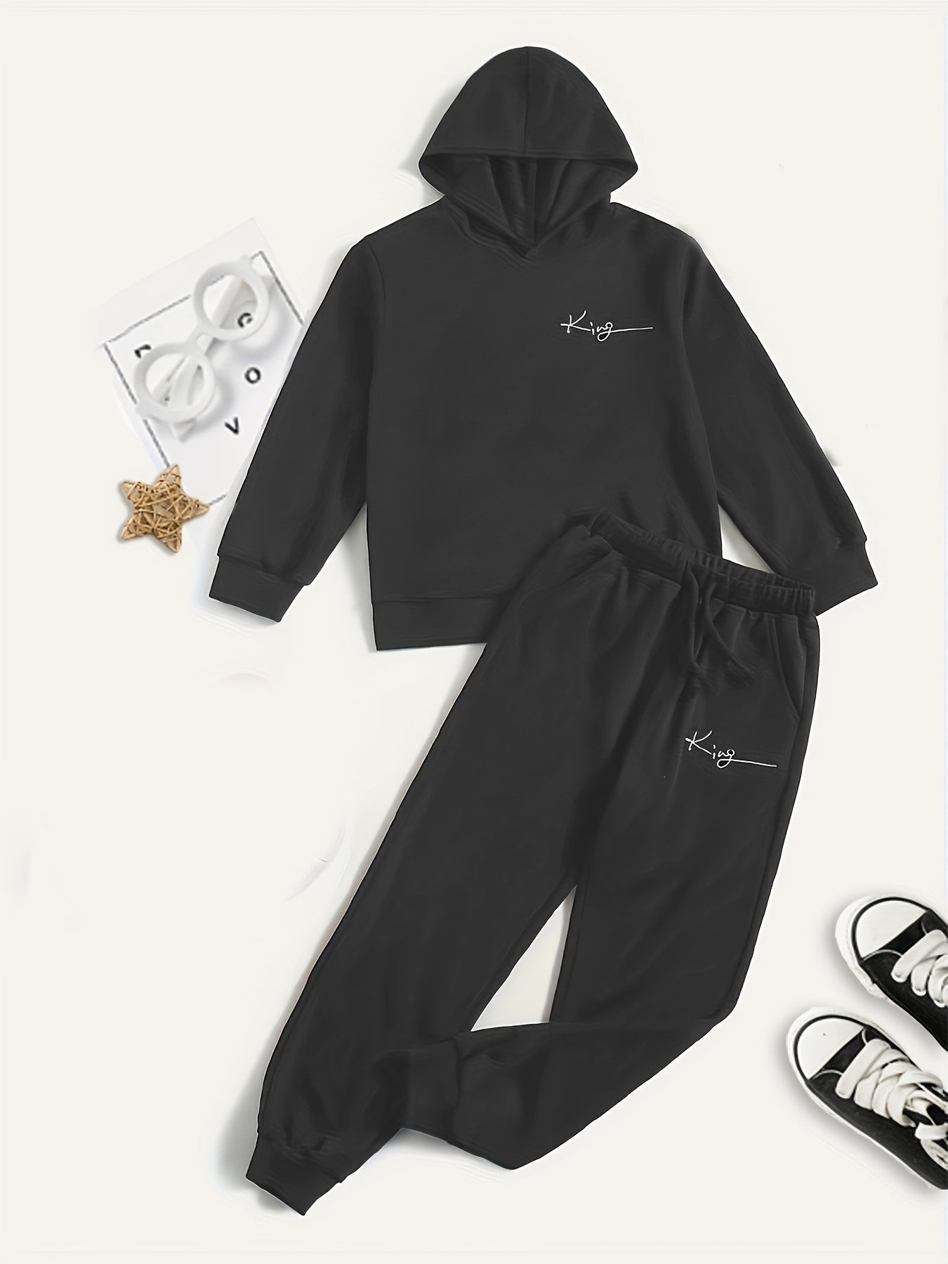 Boy's Hoodie & Sweatpants Set KING Print Top Casual Outfits Kids Clothes