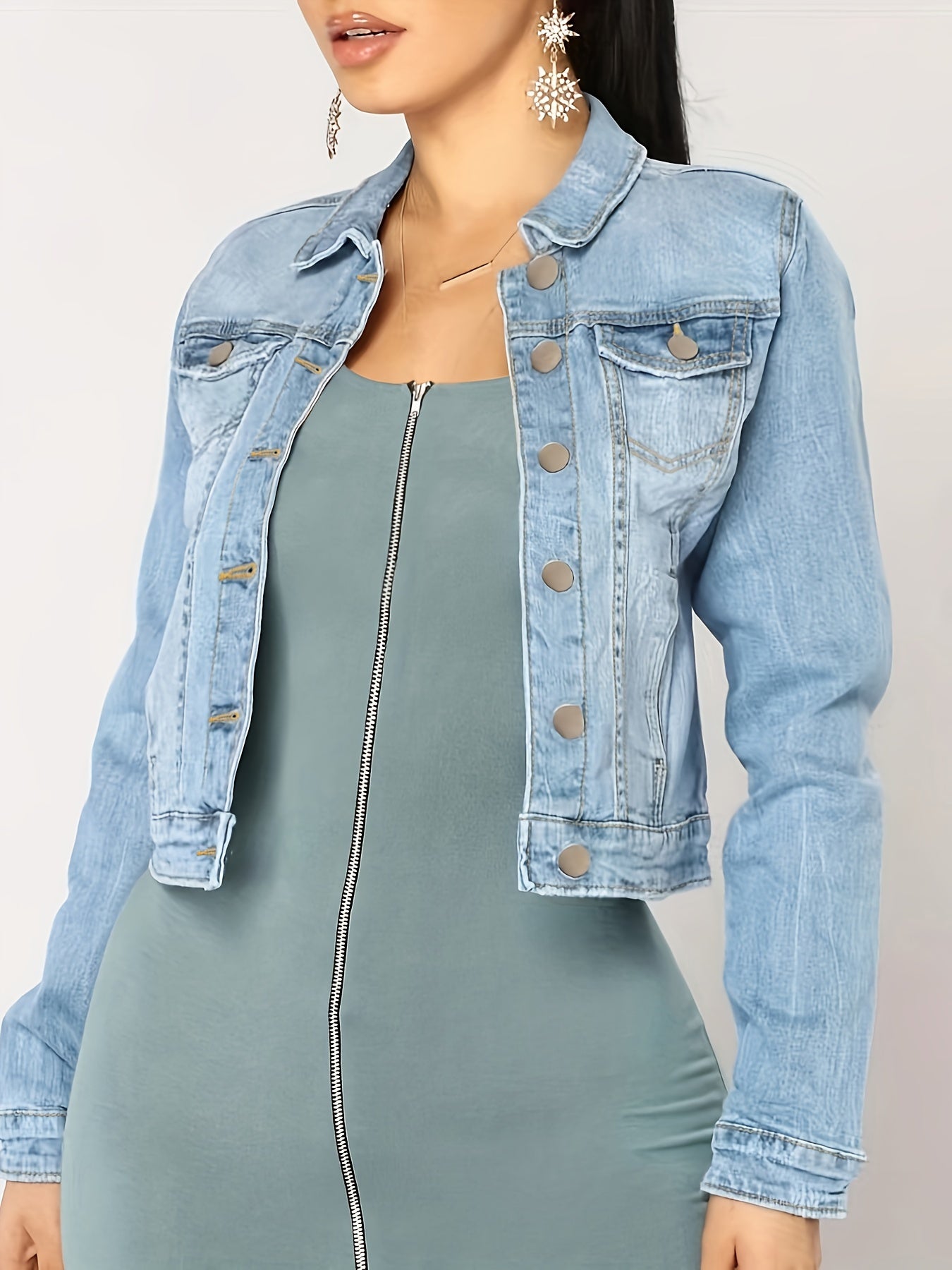 Women's Plus Size Casual Denim Jacket Frayed Button Up Turn Down Collar