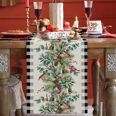 Christmas Bird Winter Eucalyptus Plaid Linen Table Runner 33.02x18