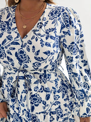 Floral Lantern Sleeve V Neck Midi Dress