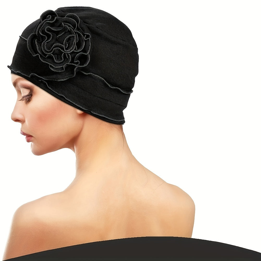 Ruffles Plate Flower Turban Cap Head Wrap Solid Elastic Beanies